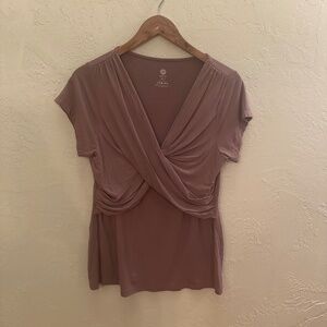 Kindred Bravely Mauve Twist Front Top XL V Neck Short Sleeve Stretch Blouse